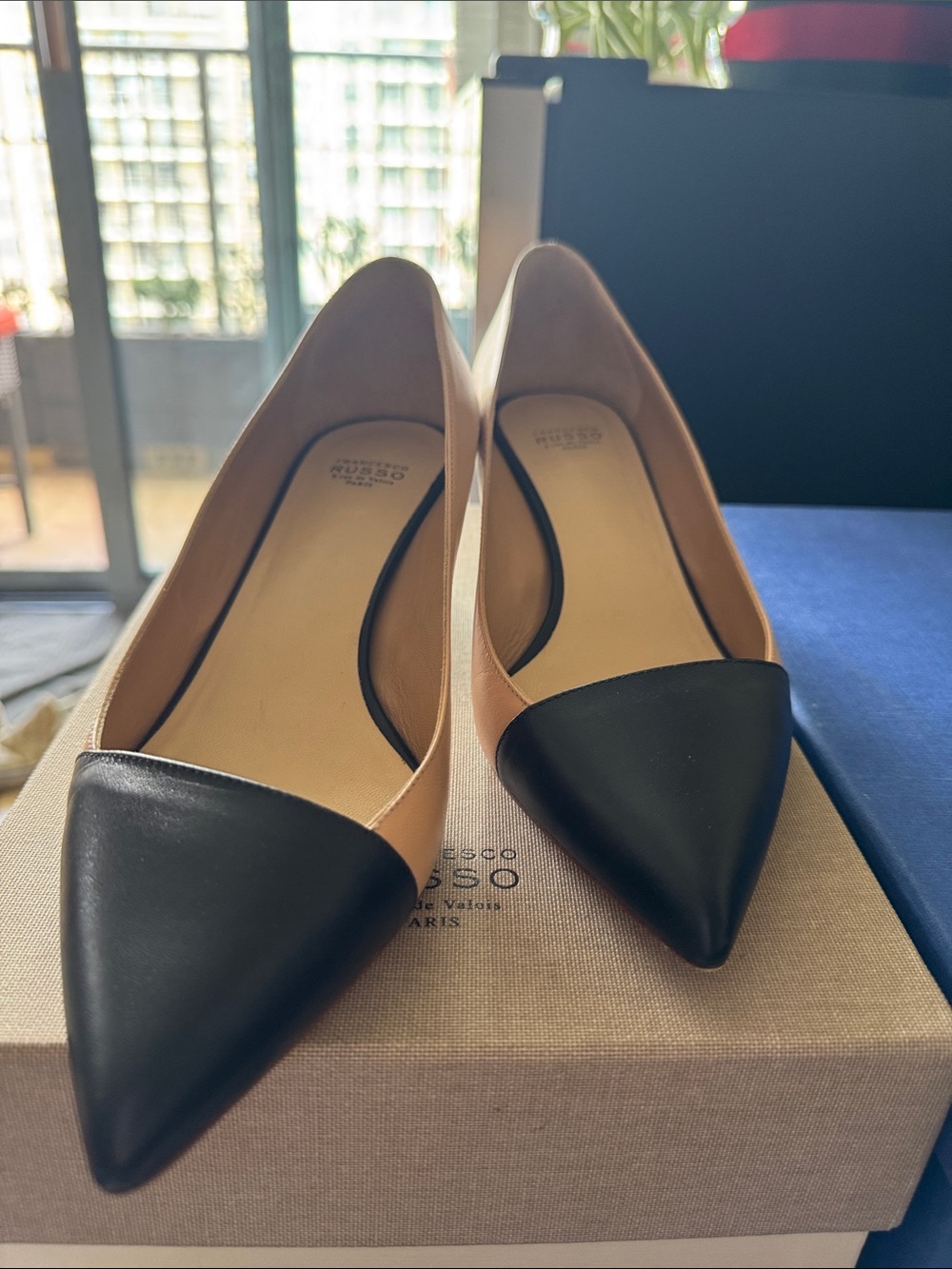 Francesco Russo Cap-Toe Pumps in Nude & Black Leather